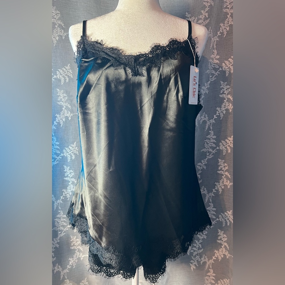 Lu’s Chic Satin Lace Cami & Shorts Set | Lingerie Lounge | Black | 2XL